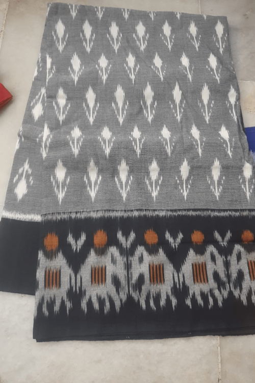 Ash Cotton Saree with Black Border Design