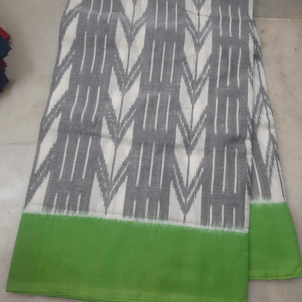 Ash Cotton Saree with Green Border - wmf