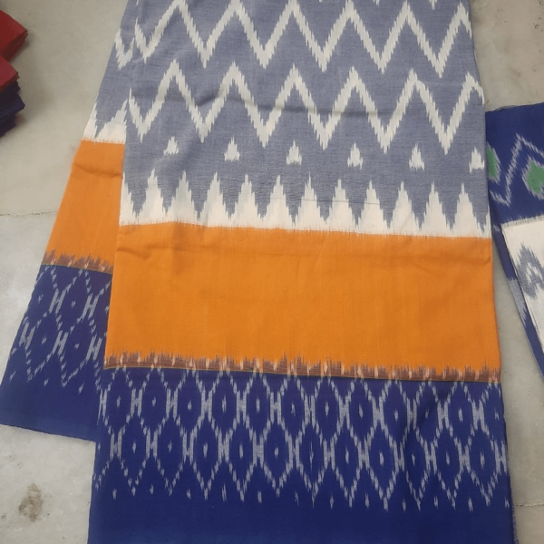 Ash Cotton Saree with Orange blue Border - wmf