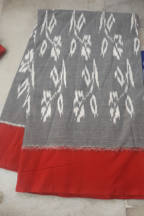 Ash Cotton Saree with Red Border Design