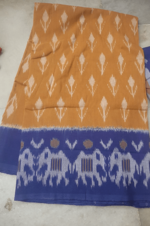Mustard Cotton Saree with Blue Border