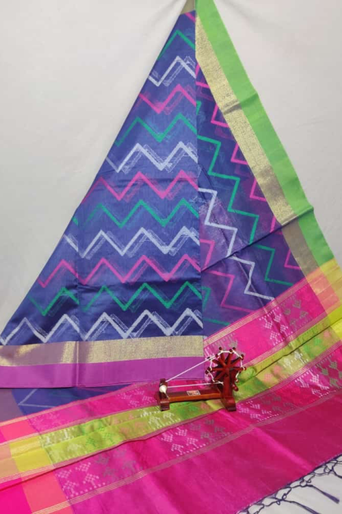 Navy Blue strip Dupatta with Pink Border