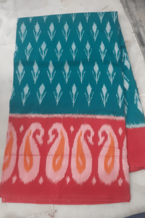Ocean Blue Cotton Saree with Red Border
