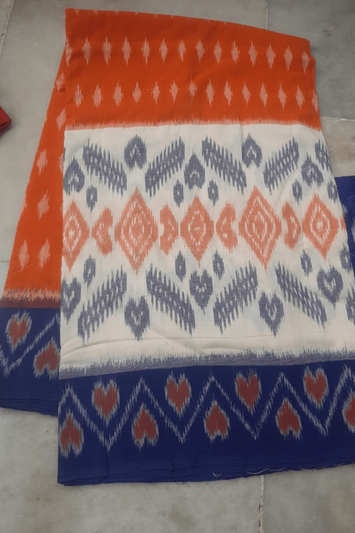 Orange Cotton Saree with Black and Blue Border