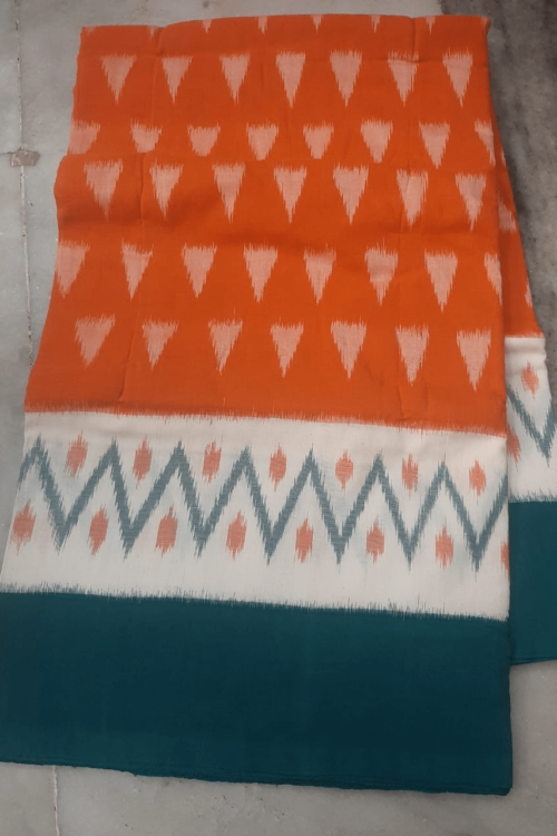 Orange Cotton Saree with Blue and Sea Green Border