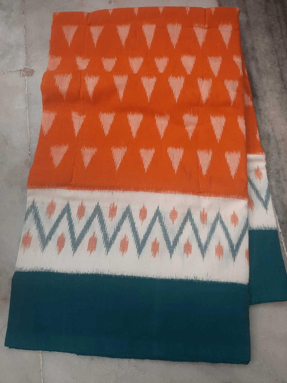 Orange Cotton Saree with Blue and Sea Green Border Orange Cotton Saree with Blue and Sea Green Border