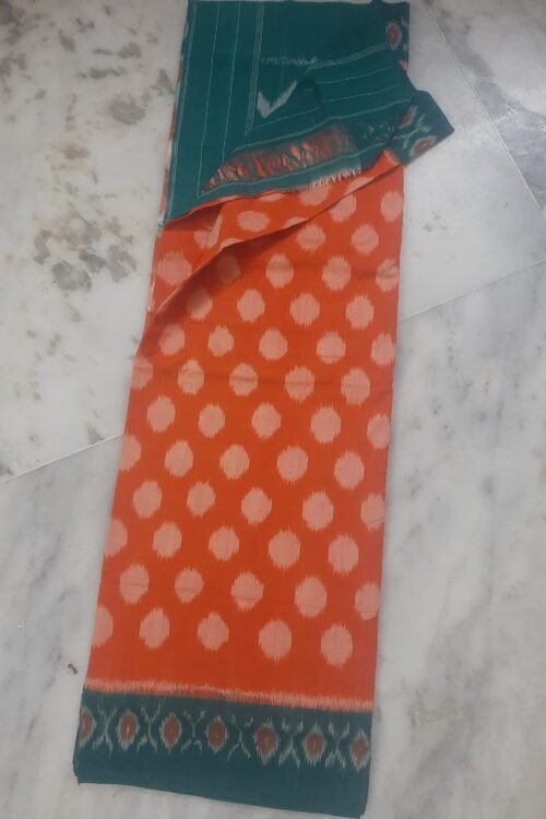 Orange Cotton Saree with Sea Green Border