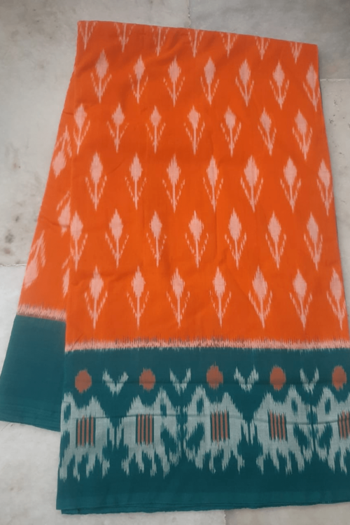 Orange Cotton Saree with Sea Green Border
