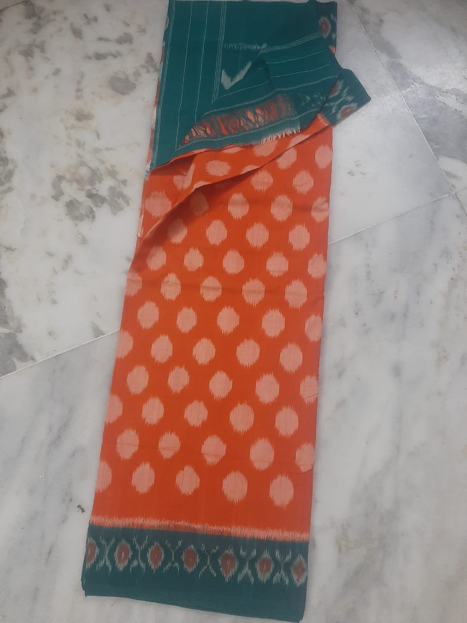 Orange Cotton Saree with Sea Green Border Orange Cotton Saree with Sea Green Border
