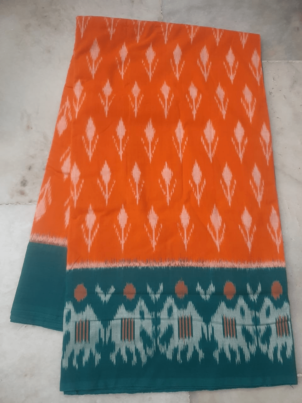 Orange Cotton Saree with Sea Green Border Orange Cotton Saree with Sea Green Border