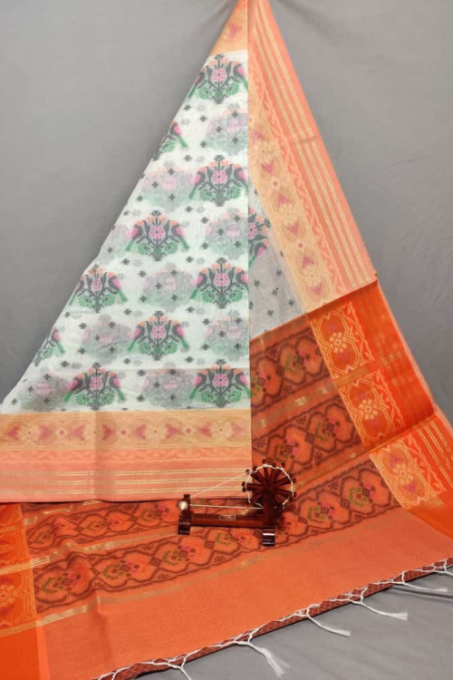 White Dupatta with Orange Border