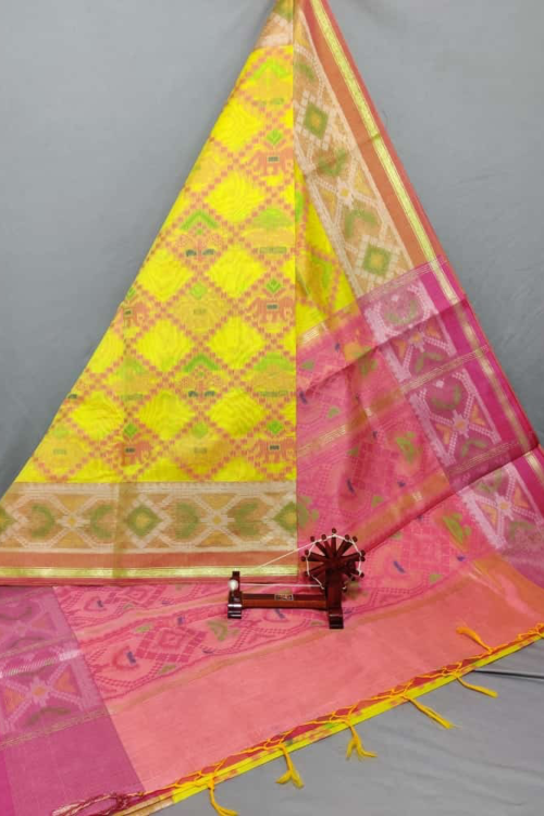 Yellow Dupatta with Peach Pink Border